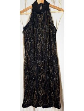Rare Vintage Black Tie Oleg Cassini Black Gold Beaded Silk Halter Dress Size 12
